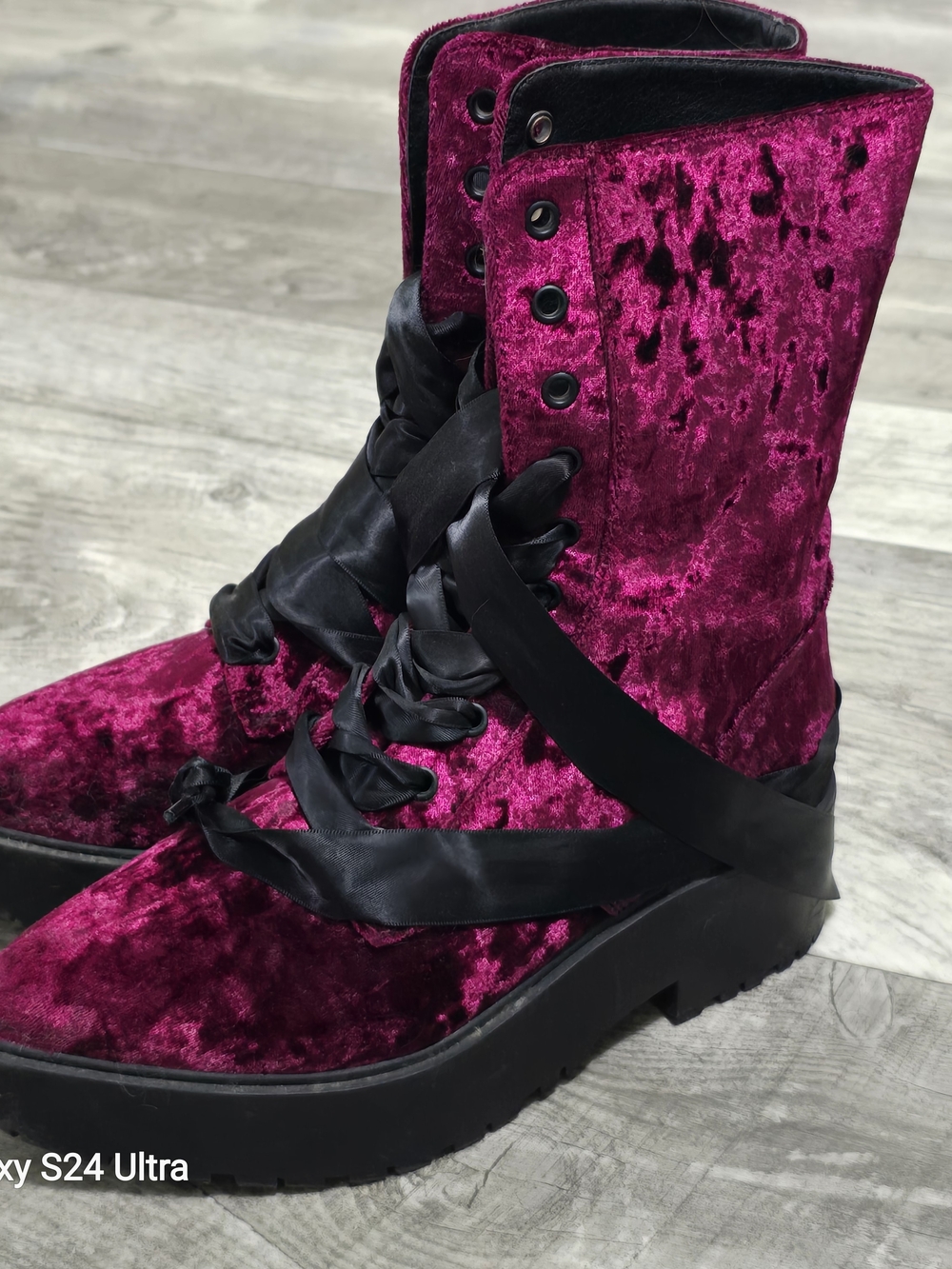 Dolls Kill Burgundy Velvet Lace-Up Platform Boots with Satin Laces - Picture 5 of 7